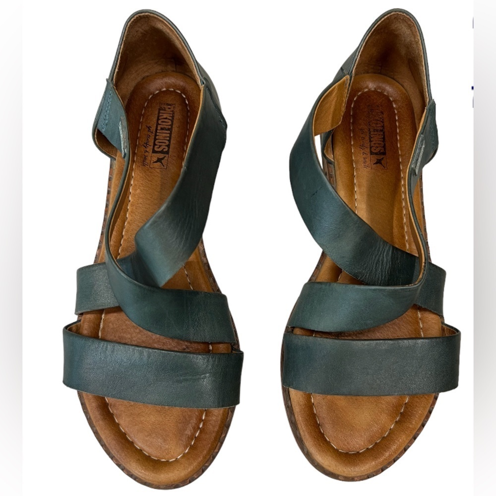 Pikolinos Algar Emerald Green Leather Cross Strap Flat Sandals Size 41‎